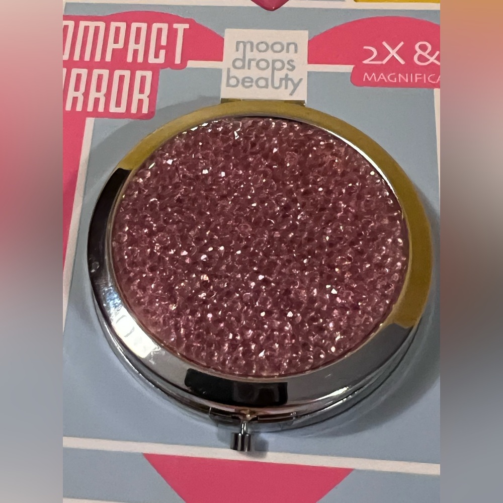 Compact Mirror chrome & pink crystal textured gem case 1X 2X magnifying NEW